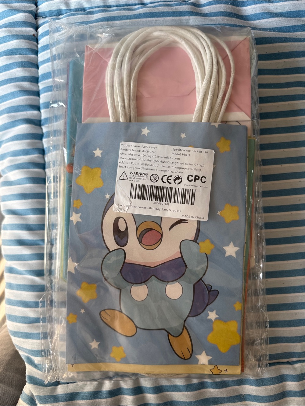 Blue Kids Cartoon Piplup Gift Bags with White Rope Handles